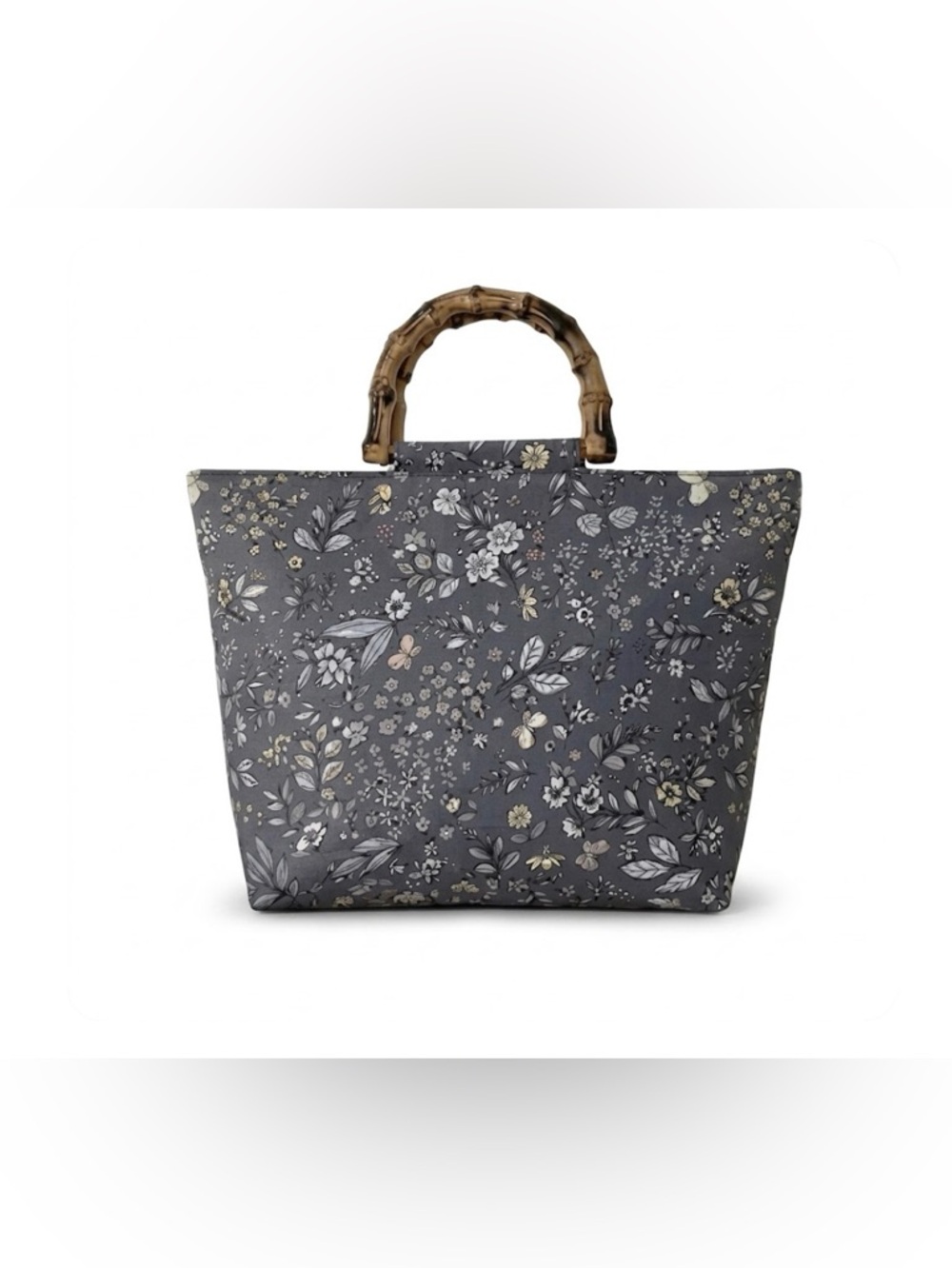 Floral Print Grey Tote Bag with Bamboo Handles